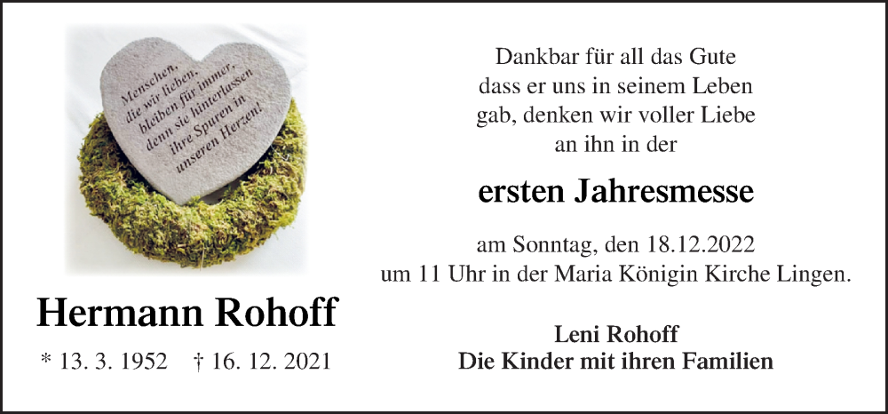  Traueranzeige für Hermann Rohoff vom 10.12.2022 aus Neue Osnabrücker Zeitung GmbH & Co. KG