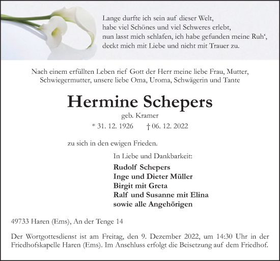 Traueranzeige von Hermine Schepers von Neue Osnabrücker Zeitung GmbH & Co. KG