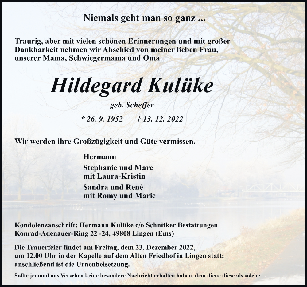  Traueranzeige für Hildegard Kulüke vom 17.12.2022 aus Neue Osnabrücker Zeitung GmbH & Co. KG