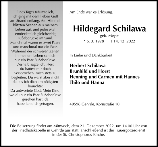 Traueranzeige von Hildegard Schilawa von Neue Osnabrücker Zeitung GmbH & Co. KG