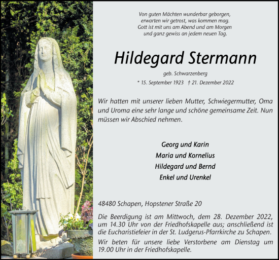 Traueranzeige von Hildegard Stermann von Neue Osnabrücker Zeitung GmbH & Co. KG