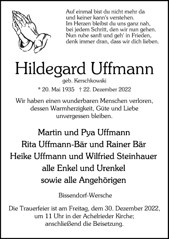 Traueranzeige von Hildegard Uffmann von Neue Osnabrücker Zeitung GmbH & Co. KG