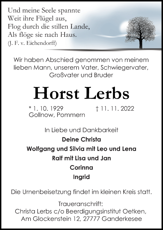 Traueranzeige von Horst Lerbs von DK Medien GmbH & Co. KG