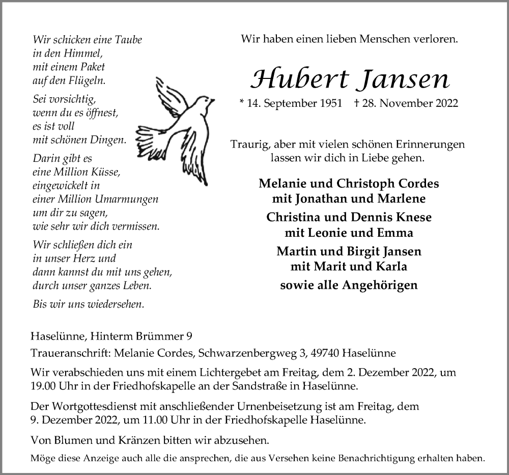  Traueranzeige für Hubert Jansen vom 01.12.2022 aus Neue Osnabrücker Zeitung GmbH & Co. KG