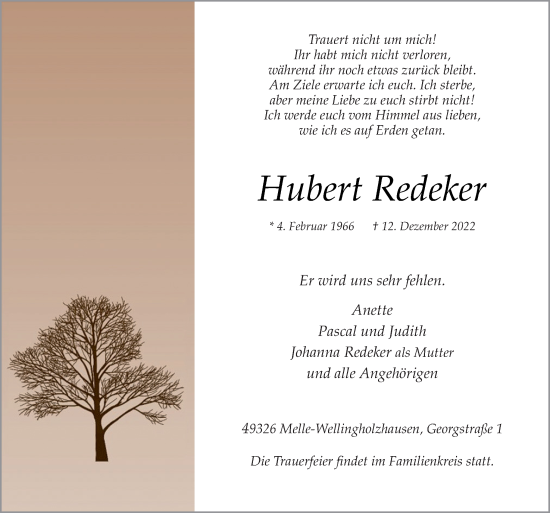 Traueranzeige von Hubert Redeker von Neue Osnabrücker Zeitung GmbH & Co. KG
