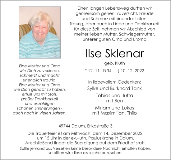 Traueranzeige von Ilse Sklenar von Neue Osnabrücker Zeitung GmbH & Co. KG