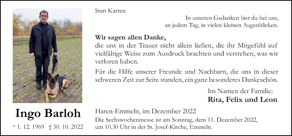  Traueranzeige für Ingo Barloh vom 07.12.2022 aus Neue Osnabrücker Zeitung GmbH & Co. KG