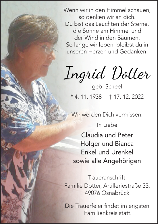 Traueranzeige von Ingrid Dotter von Neue Osnabrücker Zeitung GmbH & Co. KG