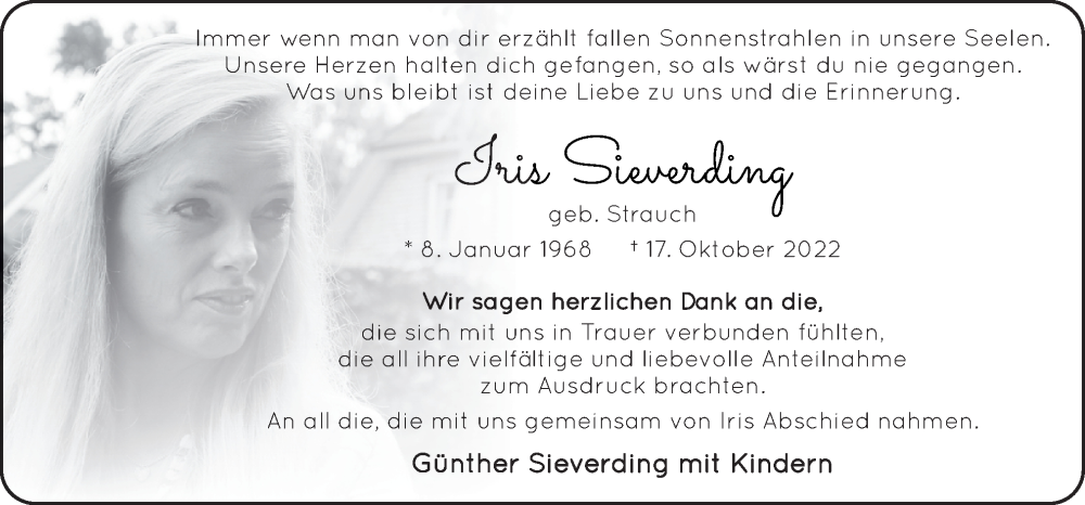  Traueranzeige für Iris Sieverding vom 03.12.2022 aus Neue Osnabrücker Zeitung GmbH & Co. KG