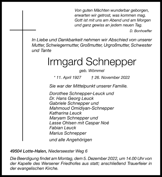 Traueranzeige von Irmgard Schnepper von Neue Osnabrücker Zeitung GmbH & Co. KG