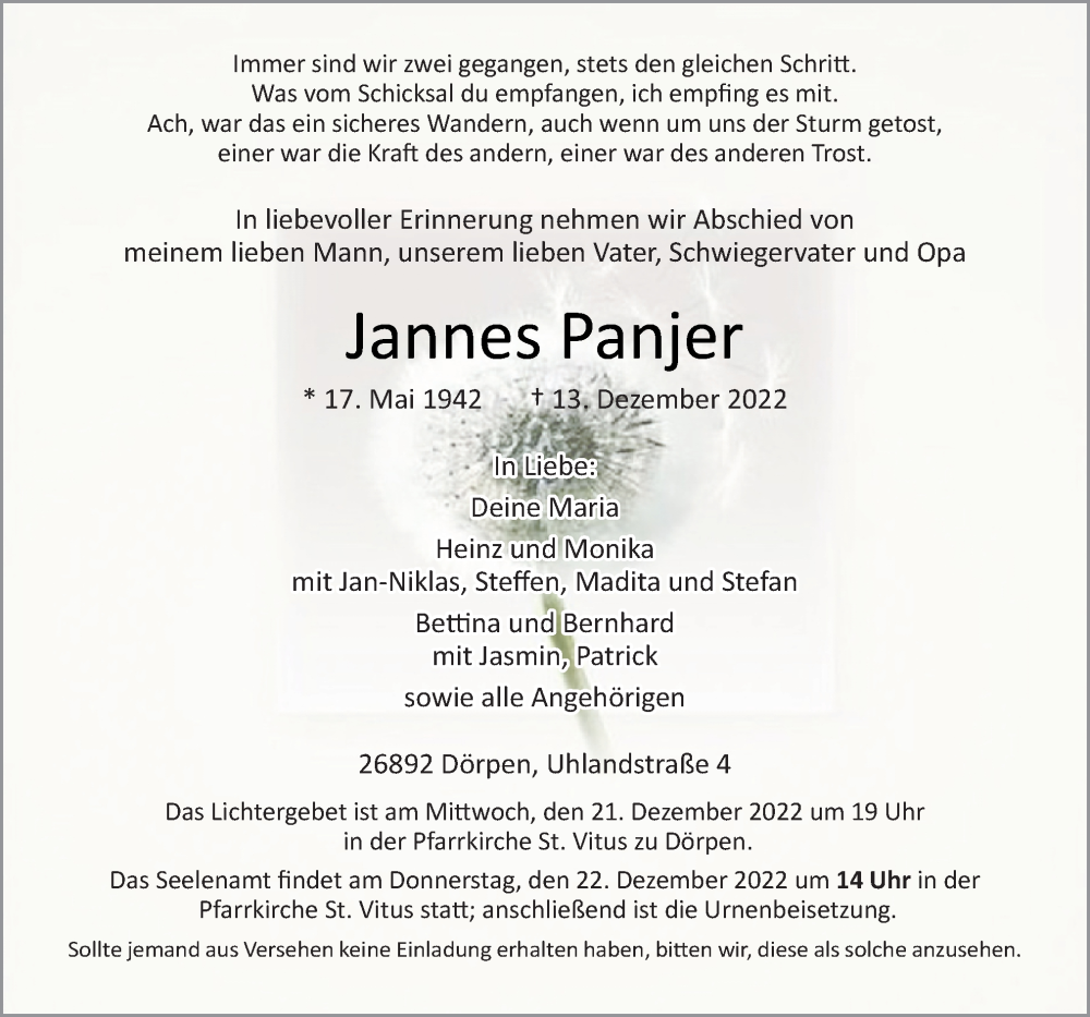  Traueranzeige für Jannes Panjer vom 16.12.2022 aus Neue Osnabrücker Zeitung GmbH & Co. KG