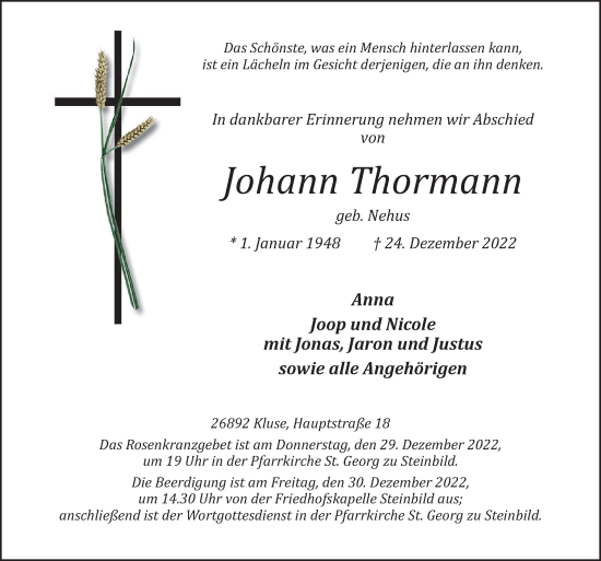 Traueranzeige von Johann Thormann von Neue Osnabrücker Zeitung GmbH & Co. KG