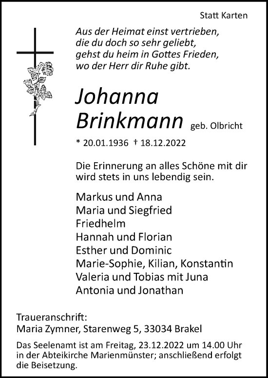 Traueranzeige von Johanna Brinkmann von Neue Osnabrücker Zeitung GmbH & Co. KG