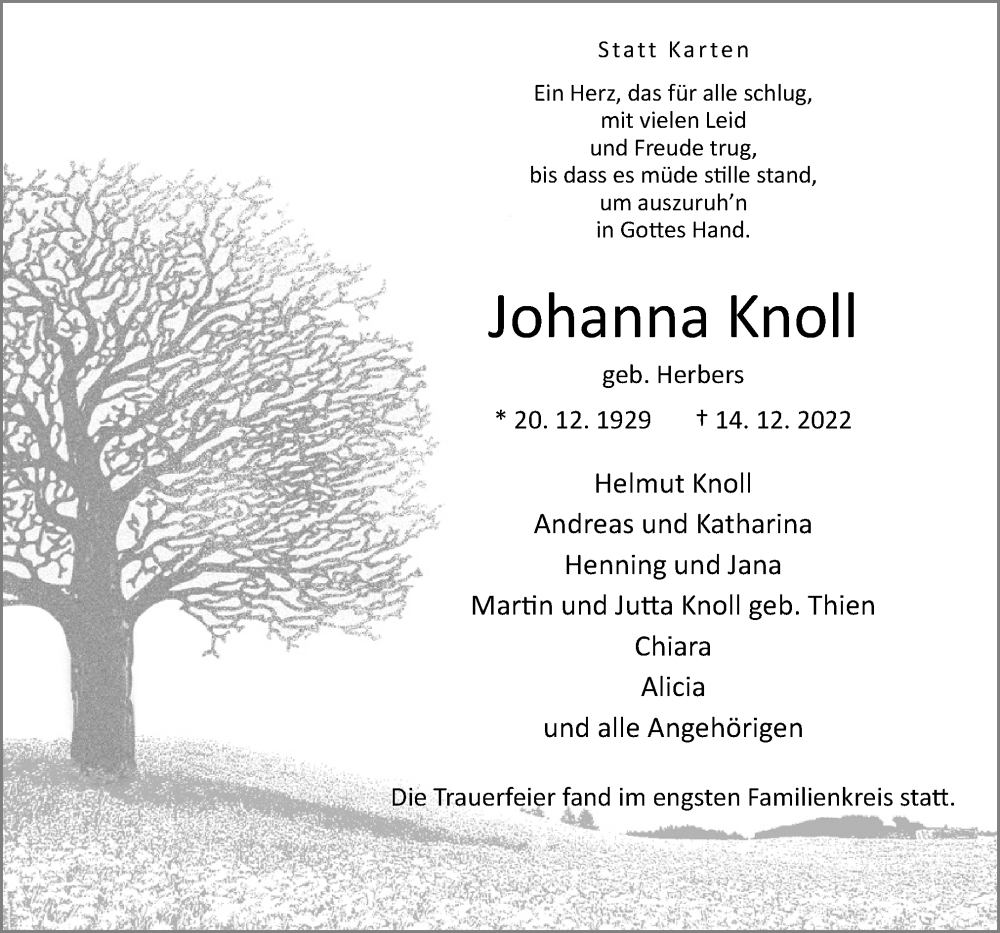  Traueranzeige für Johanna Knoll vom 24.12.2022 aus Neue Osnabrücker Zeitung GmbH & Co. KG