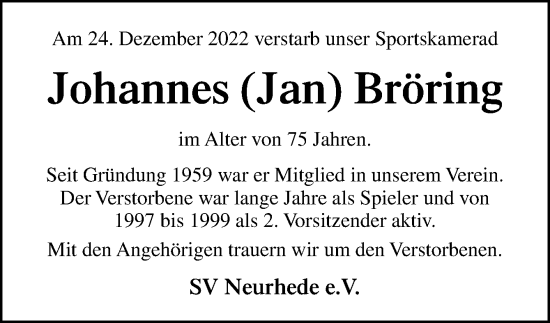 Traueranzeige von Johannes Bröring von Neue Osnabrücker Zeitung GmbH & Co. KG