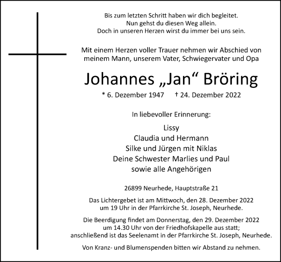 Traueranzeige von Johannes Bröring von Neue Osnabrücker Zeitung GmbH & Co. KG