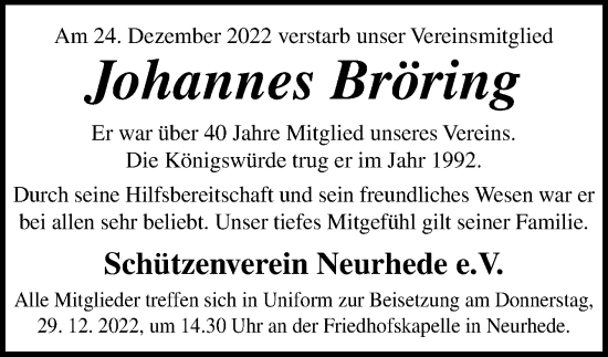 Traueranzeige von Johannes Bröring von Neue Osnabrücker Zeitung GmbH & Co. KG