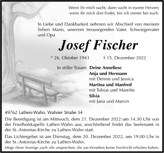 Traueranzeige von Josef Fischer von Neue Osnabrücker Zeitung GmbH & Co. KG