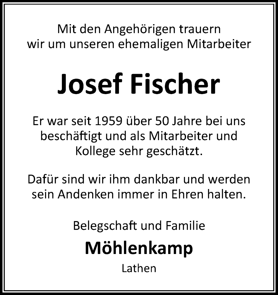  Traueranzeige für Josef Fischer vom 21.12.2022 aus Neue Osnabrücker Zeitung GmbH & Co. KG