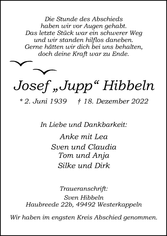 Traueranzeige von Josef Hibbeln von Neue Osnabrücker Zeitung GmbH & Co. KG