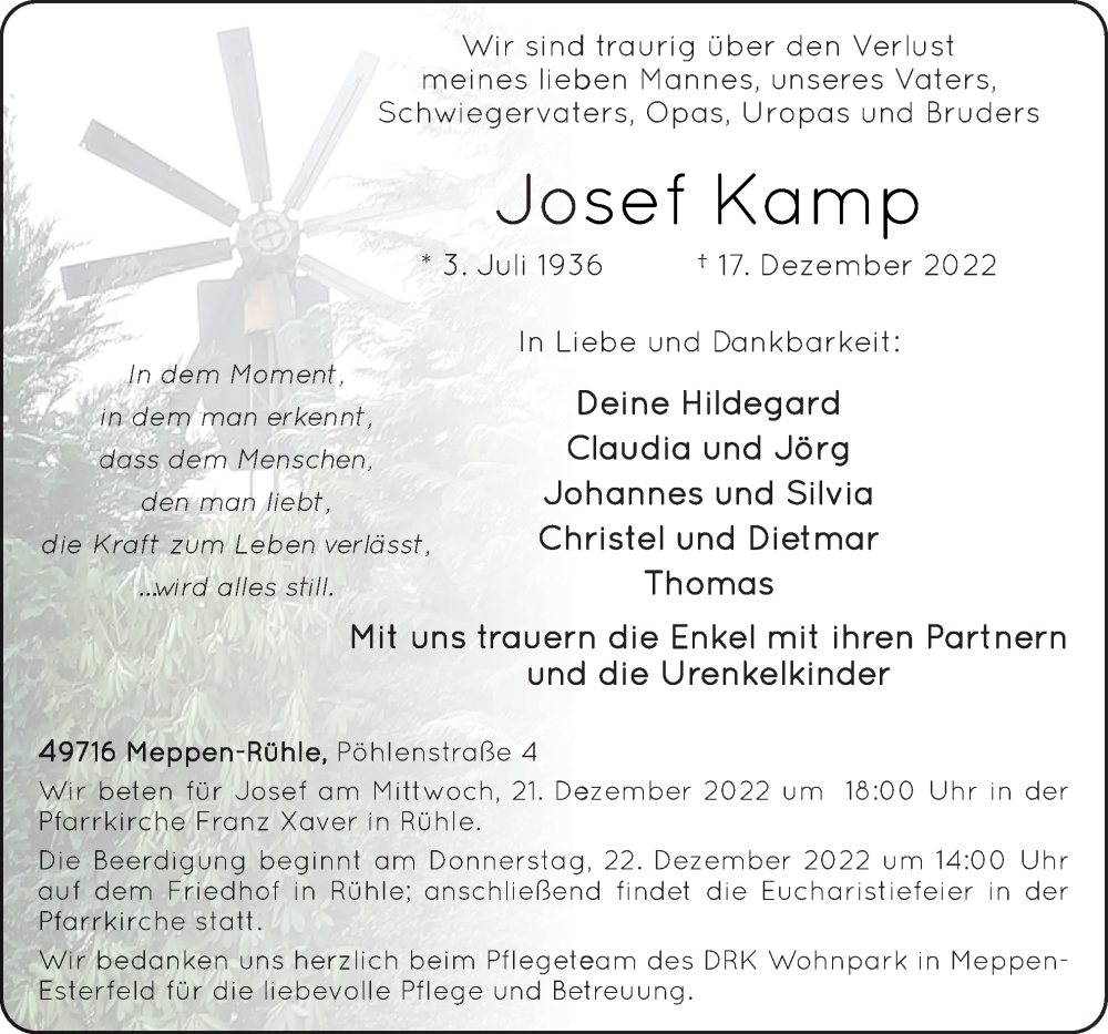  Traueranzeige für Josef Kamp vom 20.12.2022 aus Neue Osnabrücker Zeitung GmbH & Co. KG