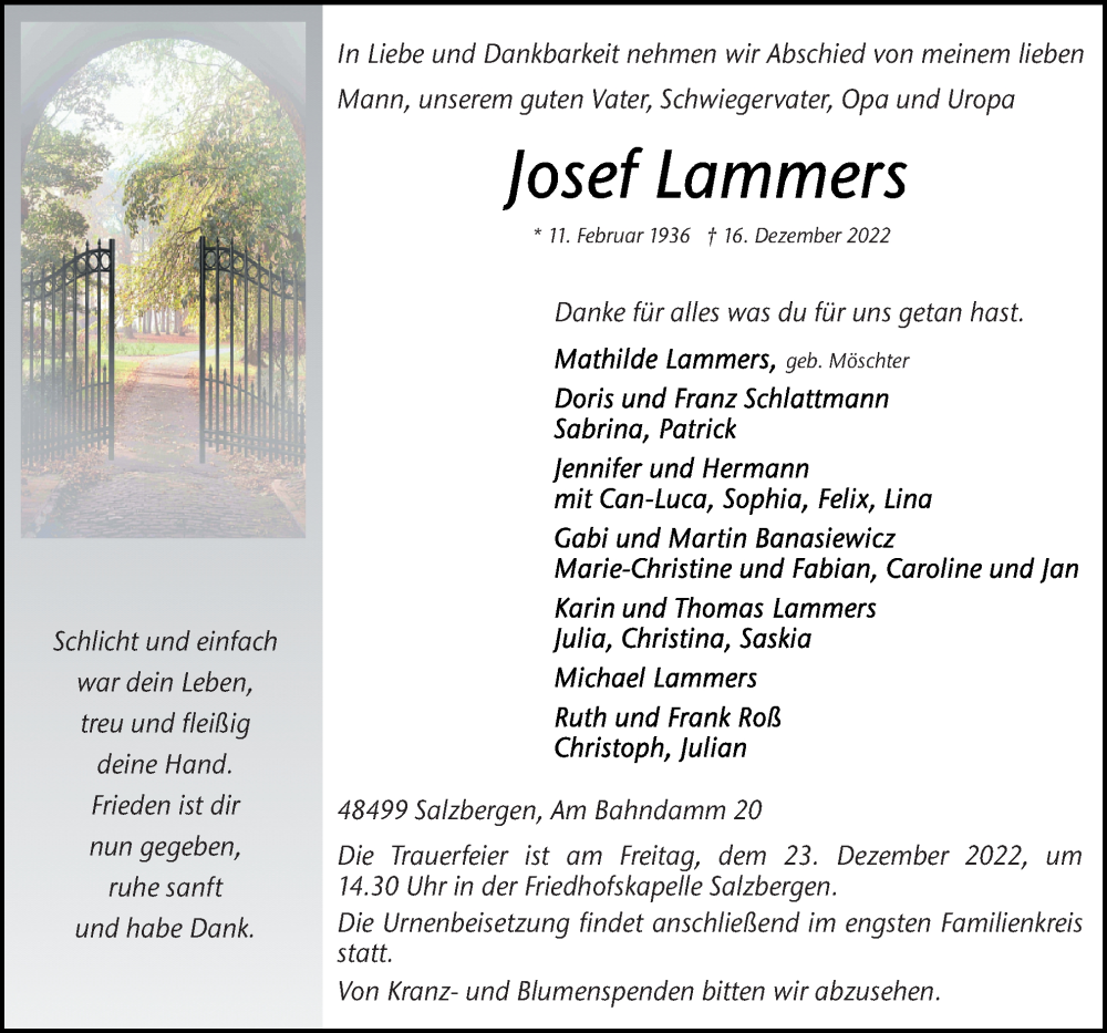  Traueranzeige für Josef Lammers vom 19.12.2022 aus Neue Osnabrücker Zeitung GmbH & Co. KG