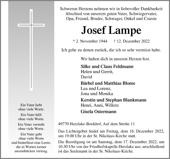 Traueranzeige von Josef Lampe von Neue Osnabrücker Zeitung GmbH & Co. KG