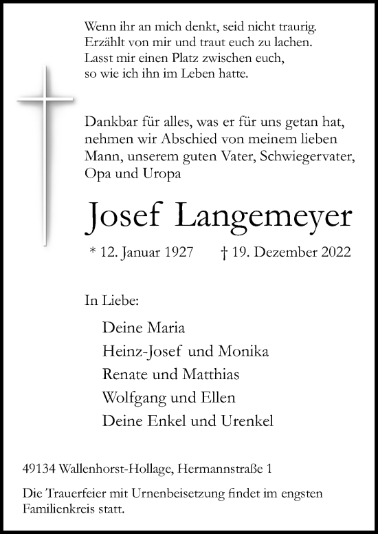 Traueranzeige von Josef Langemeyer von Neue Osnabrücker Zeitung GmbH & Co. KG