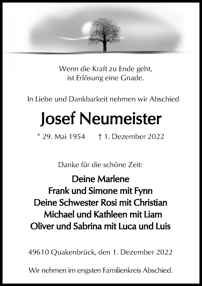  Traueranzeige für Josef Neumeister vom 07.12.2022 aus Neue Osnabrücker Zeitung GmbH & Co. KG