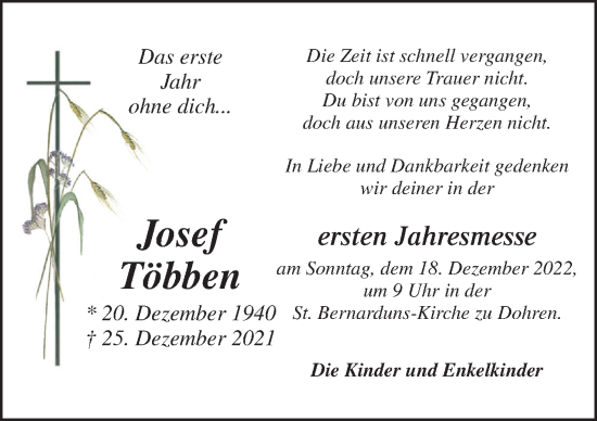 Traueranzeige von Josef Többen von Neue Osnabrücker Zeitung GmbH & Co. KG