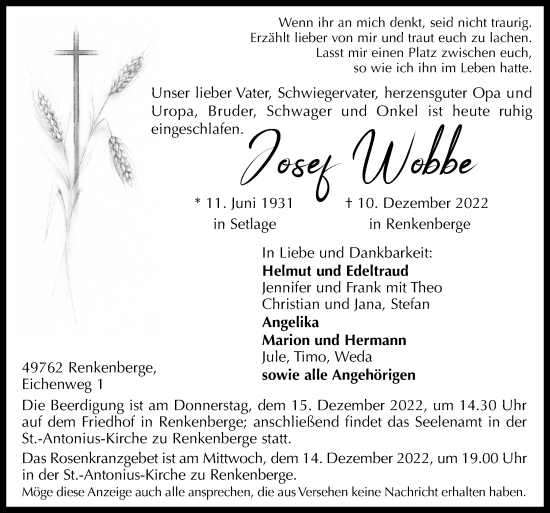 Traueranzeige von Josef Wobbe von Neue Osnabrücker Zeitung GmbH & Co. KG