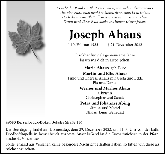 Traueranzeige von Joseph Ahaus von Neue Osnabrücker Zeitung GmbH & Co. KG