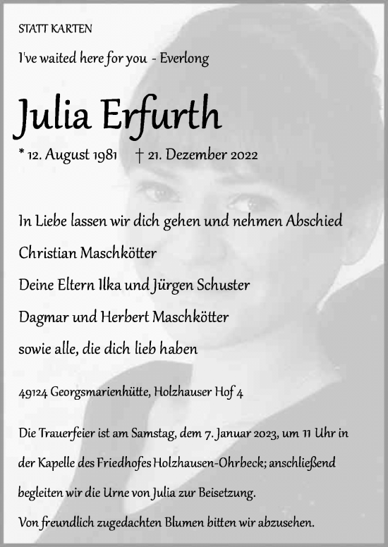 Traueranzeige von Julia Erfurth von Neue Osnabrücker Zeitung GmbH & Co. KG