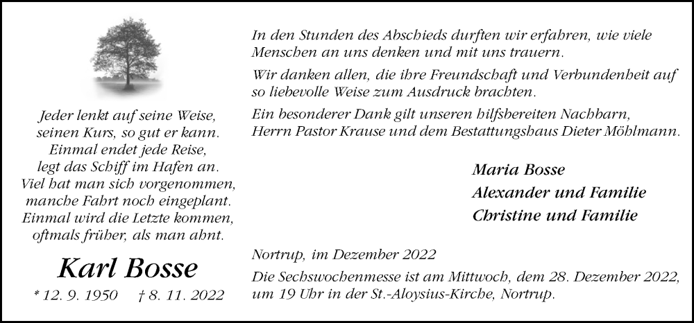 Traueranzeige für Karl Bosse vom 23.12.2022 aus Neue Osnabrücker Zeitung GmbH & Co. KG