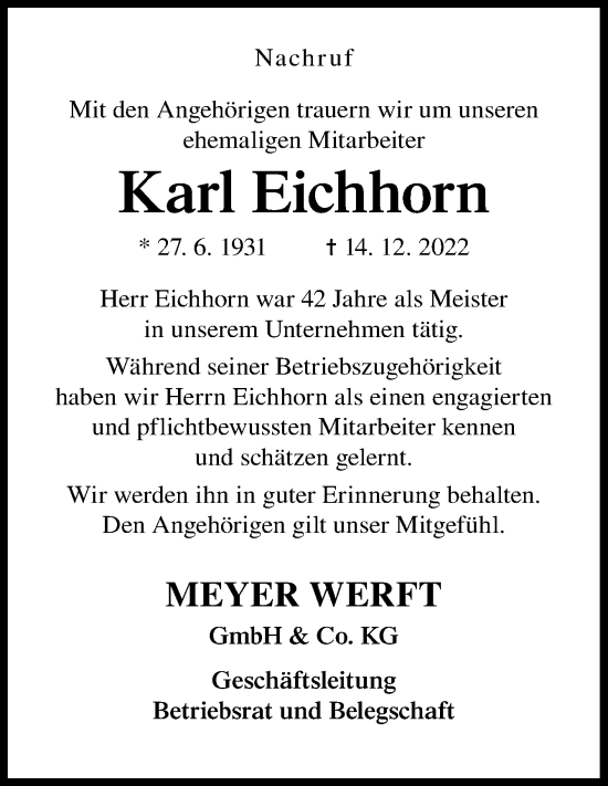 Traueranzeige von Karl Eichhorn von Neue Osnabrücker Zeitung GmbH & Co. KG