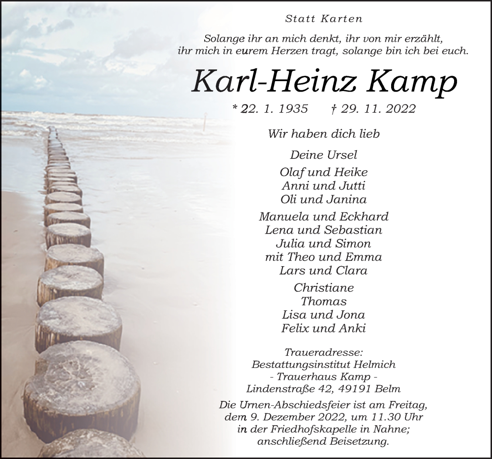  Traueranzeige für Karl-Heinz Kamp vom 03.12.2022 aus Neue Osnabrücker Zeitung GmbH & Co. KG