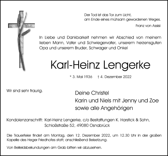 Traueranzeige von Karl-Heinz Lengerke von Neue Osnabrücker Zeitung GmbH &amp; Co. KG