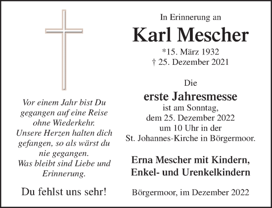 Traueranzeige von Karl Mescher von Neue Osnabrücker Zeitung GmbH & Co. KG