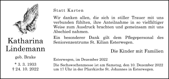 Traueranzeige von Katharina Lindemann von Neue Osnabrücker Zeitung GmbH & Co. KG