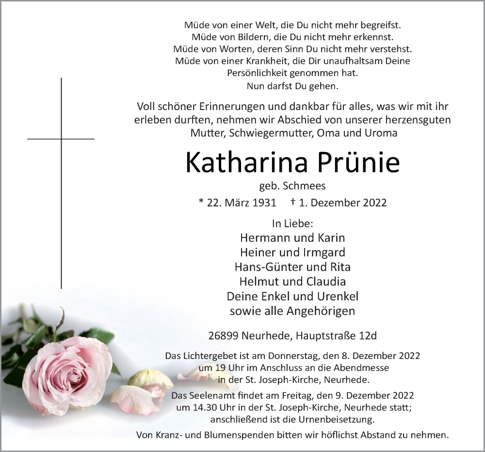  Traueranzeige für Katharina Prünie vom 03.12.2022 aus Neue Osnabrücker Zeitung GmbH & Co. KG
