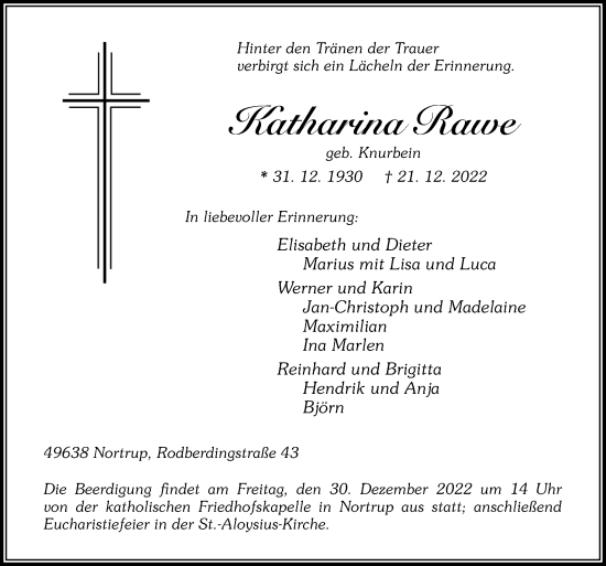 Traueranzeige von Katharina Rawe von Neue Osnabrücker Zeitung GmbH & Co. KG