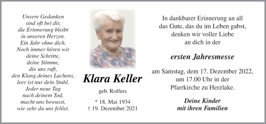 Traueranzeige von Klara Keller von Neue Osnabrücker Zeitung GmbH & Co. KG