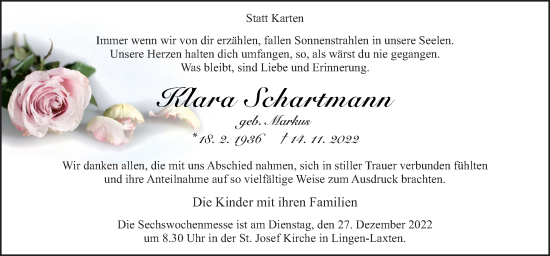 Traueranzeige von Klara Schartmann von Neue Osnabrücker Zeitung GmbH & Co. KG