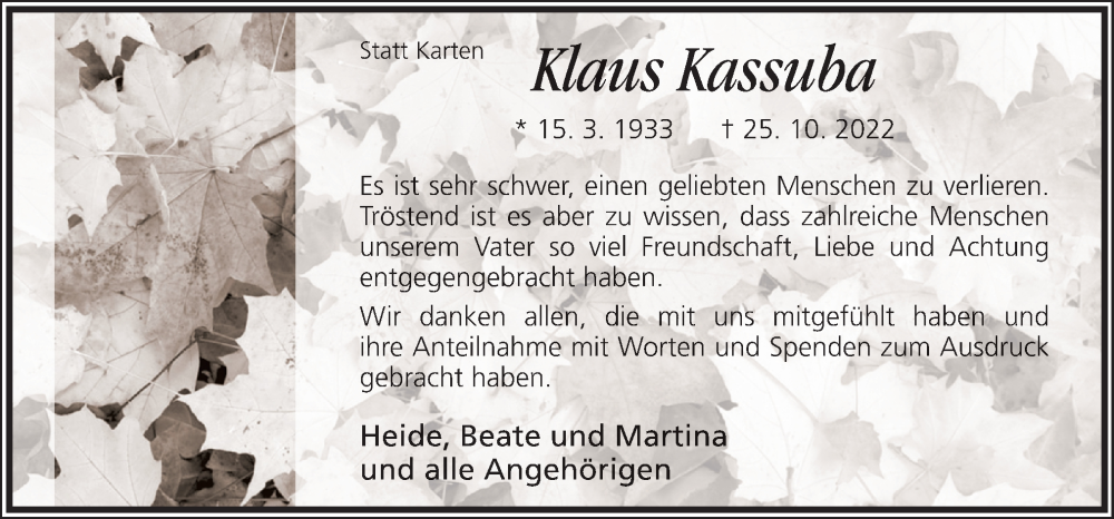  Traueranzeige für Klaus Kassuba vom 17.12.2022 aus DK Medien GmbH & Co. KG