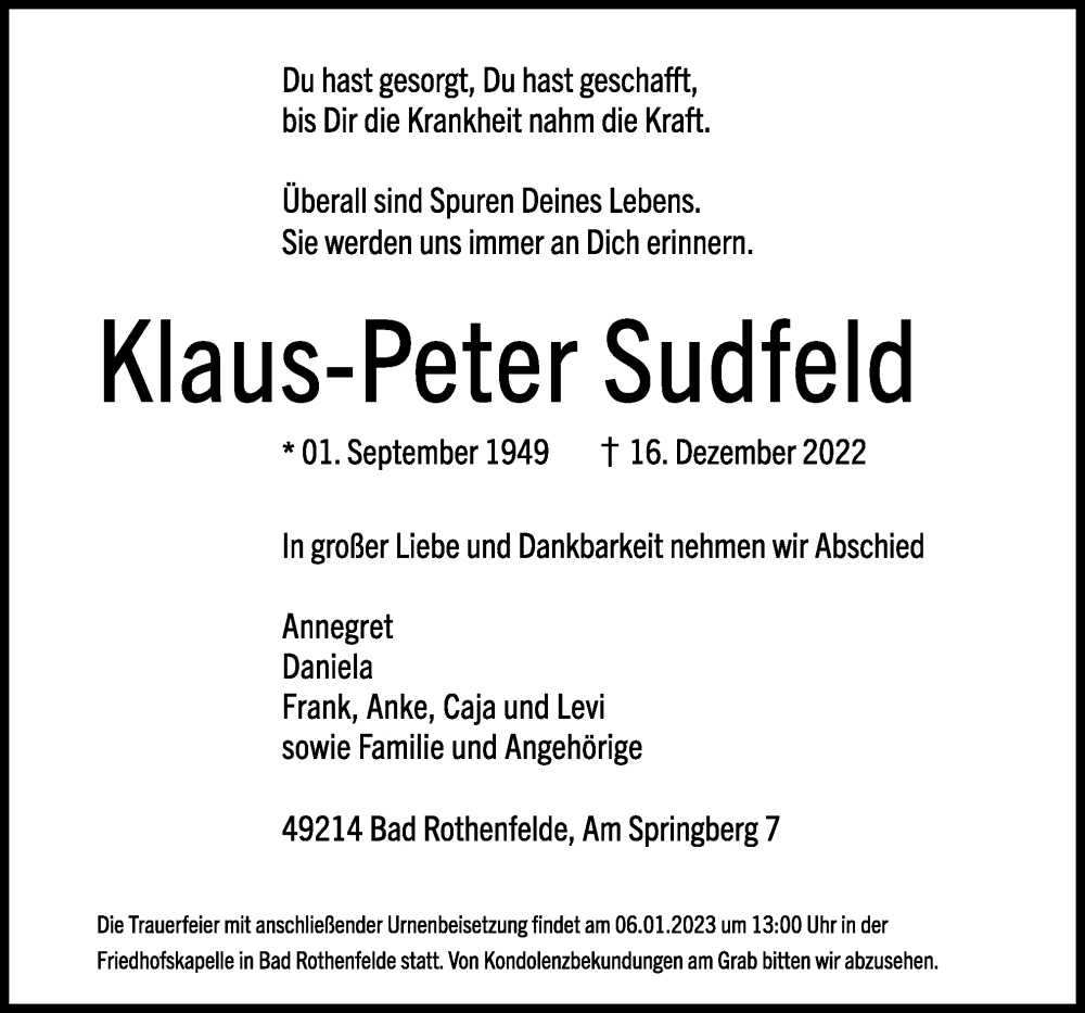  Traueranzeige für Klaus-Peter Sudfeld vom 23.12.2022 aus Neue Osnabrücker Zeitung GmbH & Co. KG