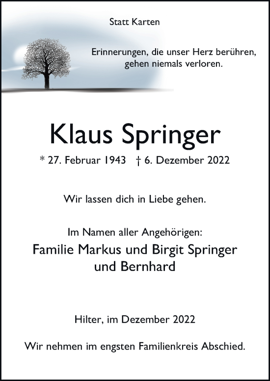 Traueranzeige von Klaus Springer von Neue Osnabrücker Zeitung GmbH & Co. KG