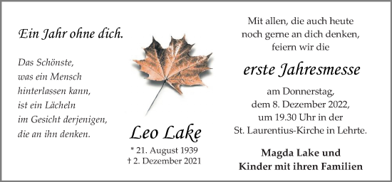 Traueranzeige von Leo Lake von Neue Osnabrücker Zeitung GmbH & Co. KG