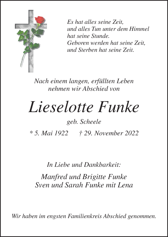 Traueranzeige von Lieselotte Funke von Neue Osnabrücker Zeitung GmbH & Co. KG
