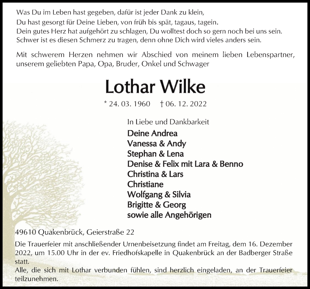  Traueranzeige für Lothar Wilke vom 10.12.2022 aus Neue Osnabrücker Zeitung GmbH & Co. KG