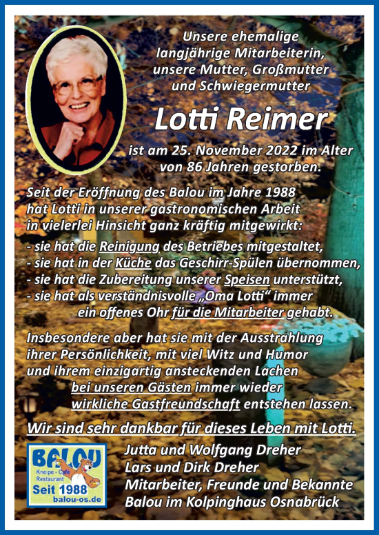 Traueranzeige von Lotti Reimer von Neue Osnabrücker Zeitung GmbH & Co. KG